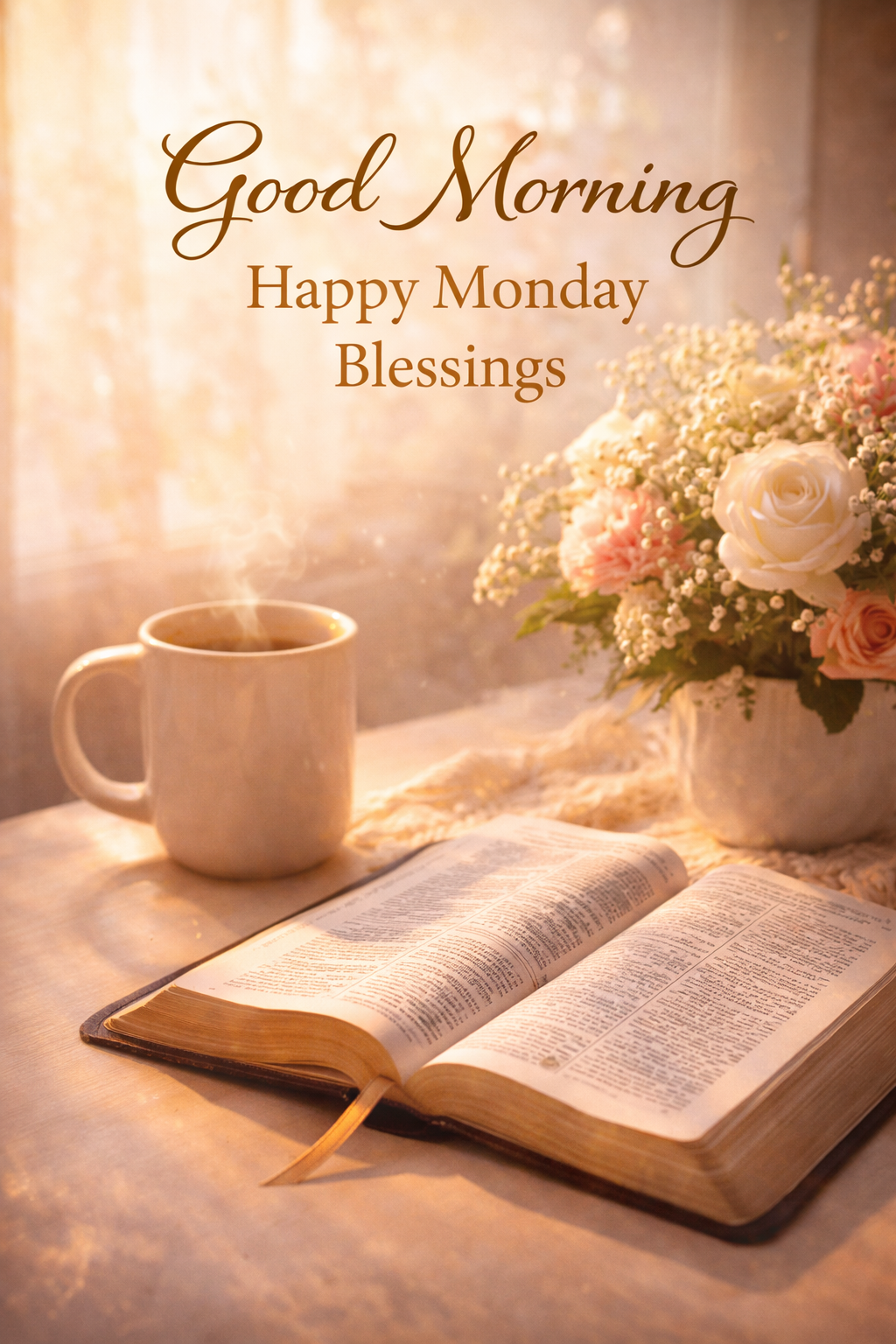 Open Bible with a warm mug of coffee and fresh flowers on a table, soft morning window light, text "Good Morning Happy Monday Blessings" -- vertical WhatsApp Monday blessing image